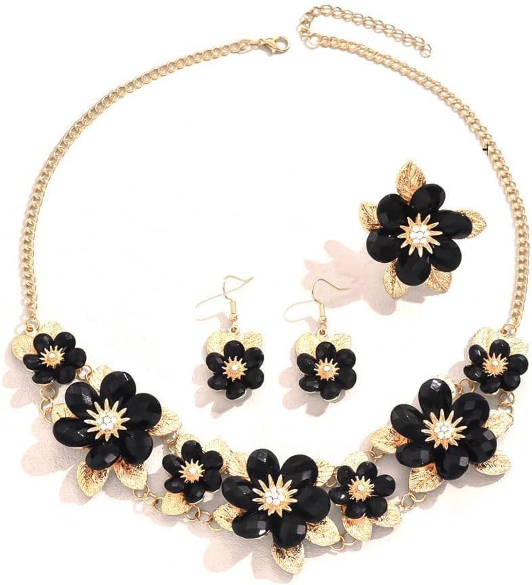 3 stuks bruiloft sieraden set bloem blad halsketting oorbellen ring bruidssieraden set oorbellen set kristallen bloemen halsketting voor dames feestelijk elegant