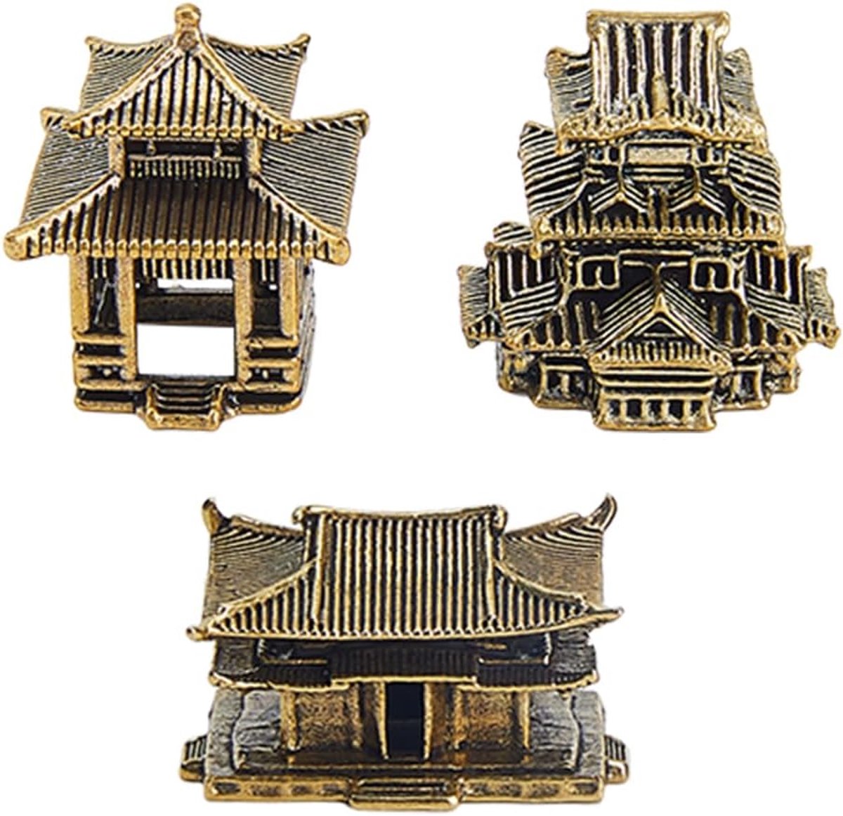3 Stks 3 Stijlen Mini Pagode Oranement Chinese Vintage Huis Standbeeld Messing Miniatuur Zen Tuin Beeldje Micro Landschap Decor Ornamenten voor Tuin Pot Yard Mini Huis Decor Accessoires