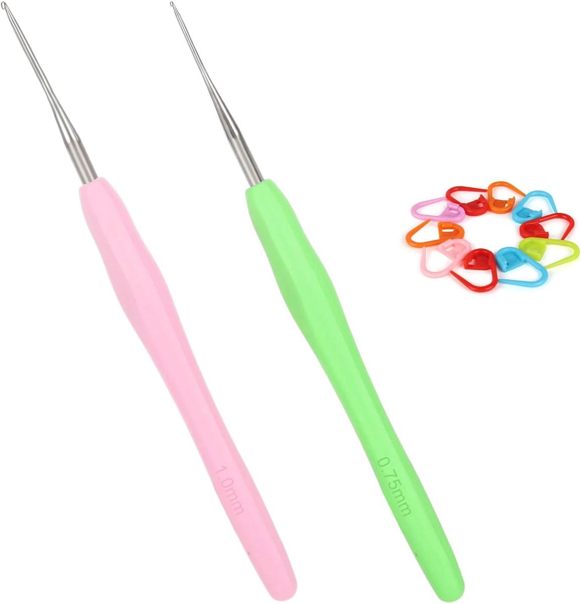 Haaknaalden 0,75 mm en 1,0 mm, 2 stuks kleine haaknaalden voor punten en fijne haken, punt met zachte grip, ergonomische TPR-greep 0,75 x 1,0 mm