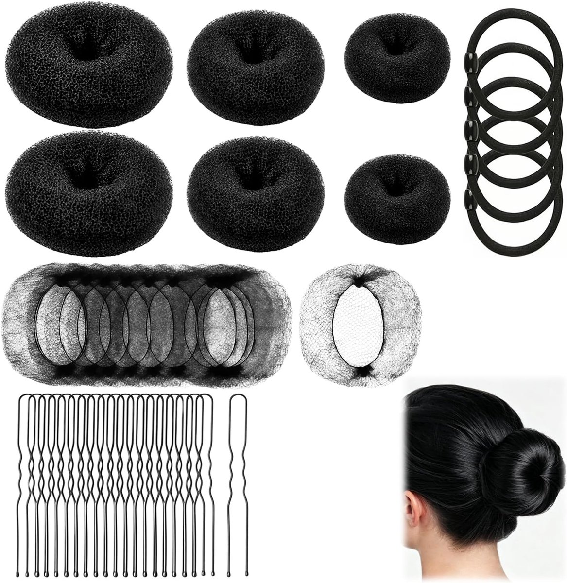 Bun Maker Set - 71-delige set met haardonuts in verschillende maten, haarnetjes, haarspelden en elastiekjes - voor dames en kinderen - zwart