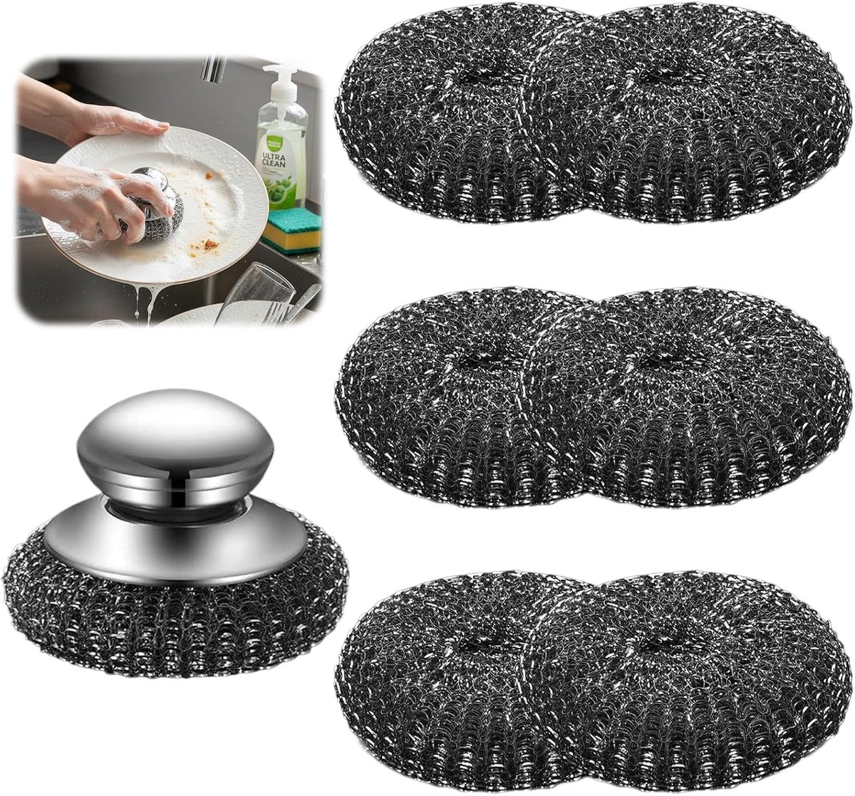 7 stuks roestvrijstalen spons, 10 x 10 cm schuurspons met handvat, roestvrijstalen pannenreiniger, metalen draadwolspons, duurzaam en comfortabel, beschermt je handen
