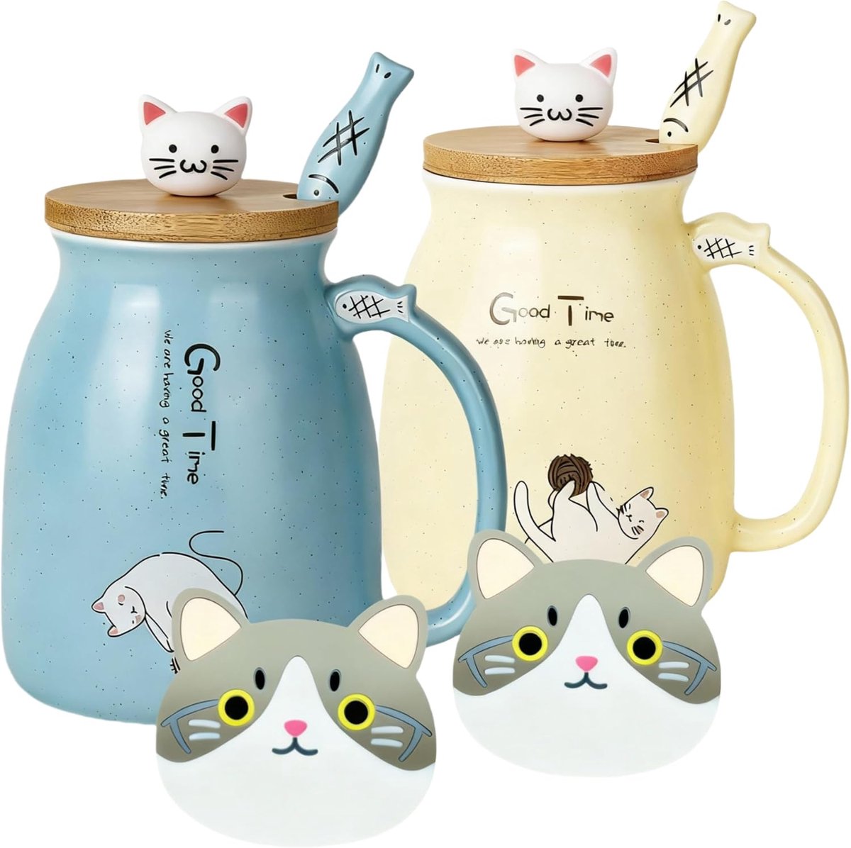 2-delige set met kattenmotief, schattige keramische koffiekopjes, 2-delige set met bamboedeksel en lepel, nieuwigheid, koffie-/melkbeker/theebeker, diermotief