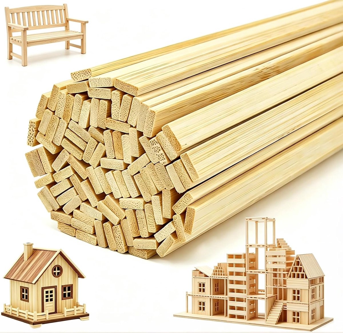 Houten stokken om te knutselen, 40 x 0,9 x 0,3 cm, platte houten lijst, knutselhout, houten stokken, vierkant, 40 cm lang, houten stokken voor modelbouw, doe-het-zelf