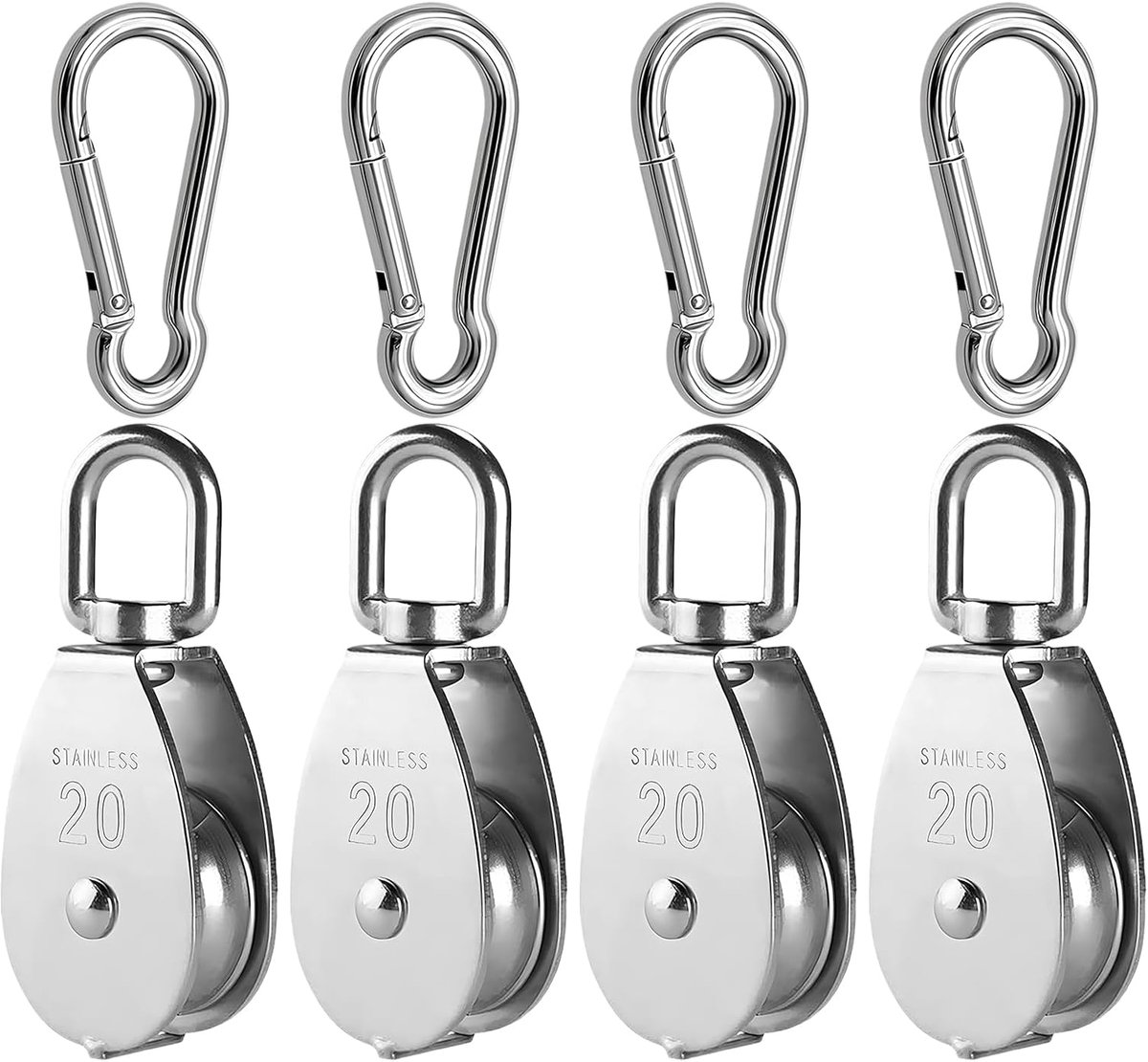 12 stuks katrol van roestvrij staal, bevat 6 stuks M15 katrol, katrol, 6 stuks karabijnhaken M4, schalen, riemschijf, roller voor touwen, katrollen voor touwen, blokkabelrol, draagkracht 35 kg