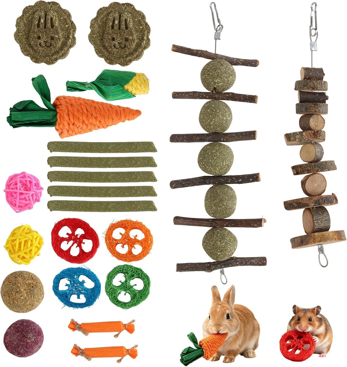 Speelgoedset, natuurlijk konijnenspeelgoed, speelgoed voor cavia's, hamsters, chinchilla's, appelhouten sticks voor kleine dieren, tandverzorging