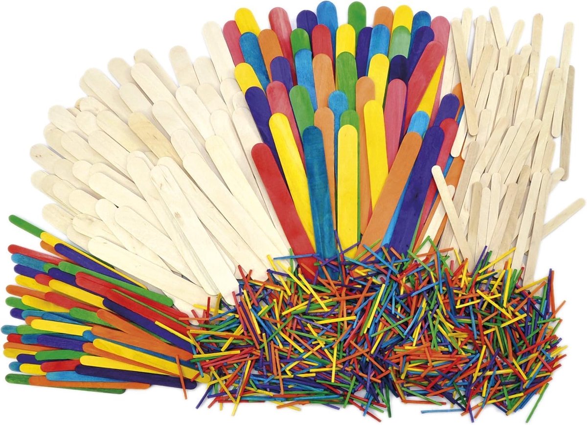 Houten knutselstokjes in 3 maten – natuur & kleurrijk gemengd – creatief knutselen voor kinderen, school, kinderdagverblijf en doe-het-zelfprojecten