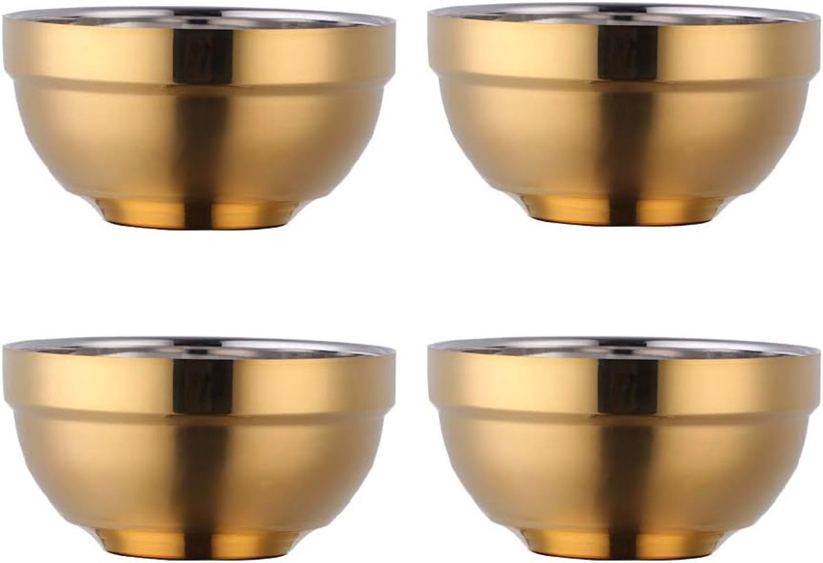 Buy Mueslikom van roestvrij staal, 500 ml, goud, soepkommen, set van 4, rijstkom, grote noedelkommen, dessertkommen, breed, 13 cm, metalen ramen, kommen, dubbellaags, anti-heet