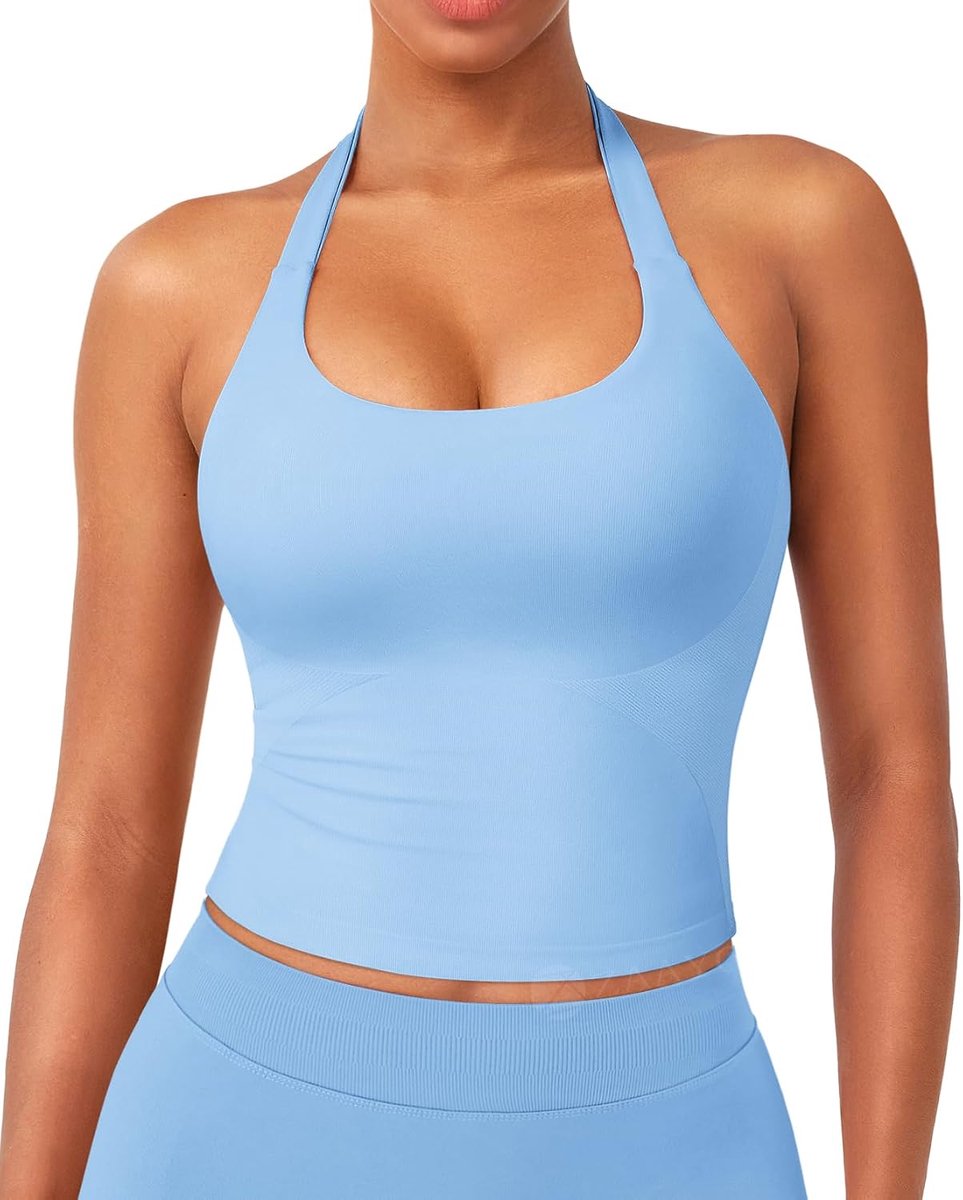 Impact-halter-tanktop, dames, longline, rugvrij, gewatteerd, crop-top, sport, workout, basic, sexy, mouwloos, zomer bovenstuk