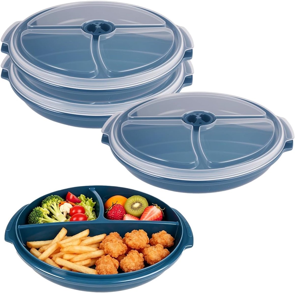 Set van 3 Magnetronborden met Deksel, 24.7 x 22 x 3.5 cm, Blauw | Magnetronborden met Deksel en Ventilatie, Plastic Borden, Bentobox, Magnetronservies om Maaltijden Apart te Bewaren