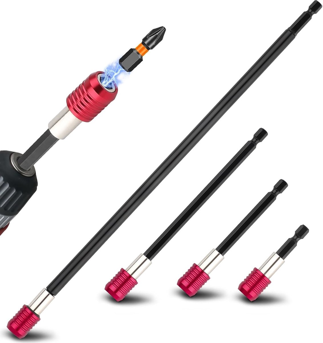 4 stuks magnetische boor uitbreidingsset met 1/4 inch zeskantschacht, 60 mm 100 mm 150 mm 300 mm snelsluiting schroevendraaier bithouder voor slagschroevendraaier, power boor socket adapter