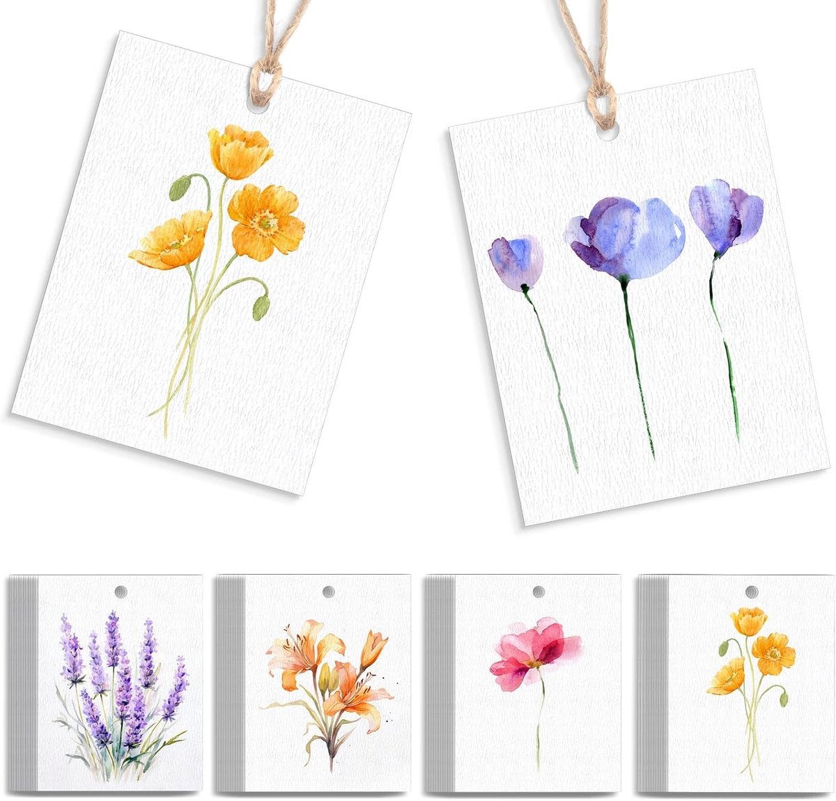 50 stuks cadeaulabels, papieren cadeaulabels met bloemenmotief, gaatje en touwtje, cadeaulabels, DIY voor verjaardagen, bruiloften, feestdagen en inpakken