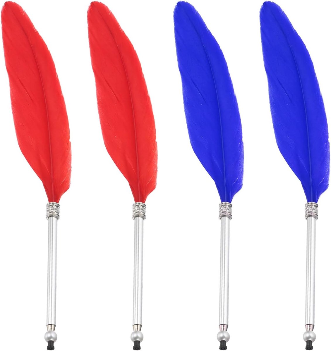 4 stuks veren balpen, pluizige vintage inkt ganzenveer verfijnd vergulde staaf ganzenveer voor kalligrafie schrijven handtekening gast huwelijkscadeau, blauw rood