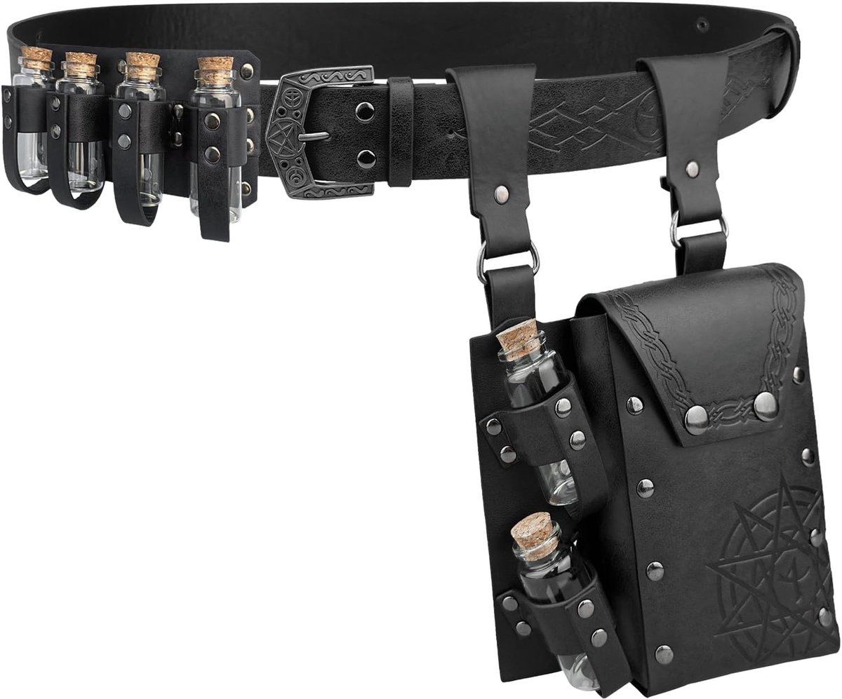 3 PCs Middeleeuwse Alchemie Riem Taille Pak Combo met Meerdere Drankflessen, Viking Rivet Riem Zijtasje voor Cosplay (Zwart D)