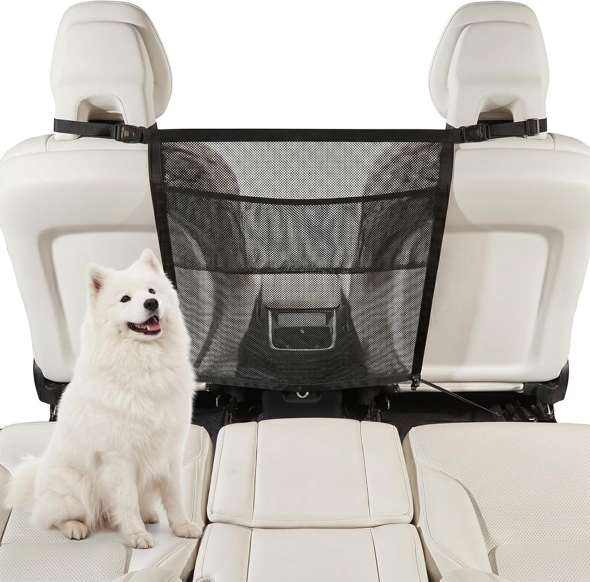 Hondenrooster voor in de auto met opbergzakken, scheidingsnet voor honden, auto, universele veiligheidsbarrière voor achterbank, hondennet voor voorstoel voor veilig hondenvervoer