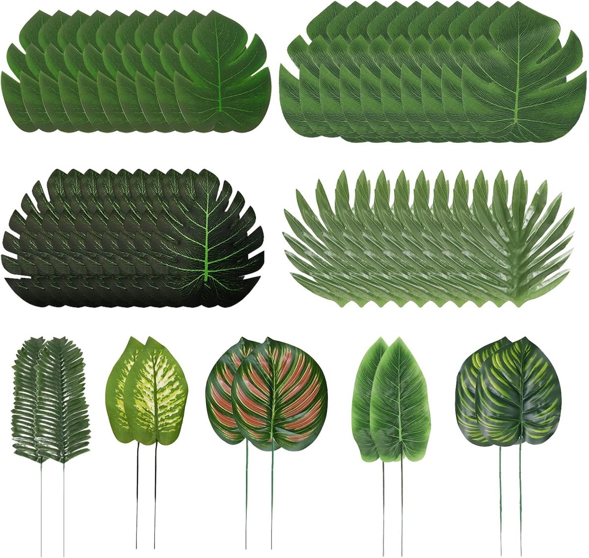 50 stuks kunstpalmbladeren, tropische decoratie, kunstmatige monstera-bladeren, verjaardagsdecoratie, stranddecoratie, 9 soorten tropische planten