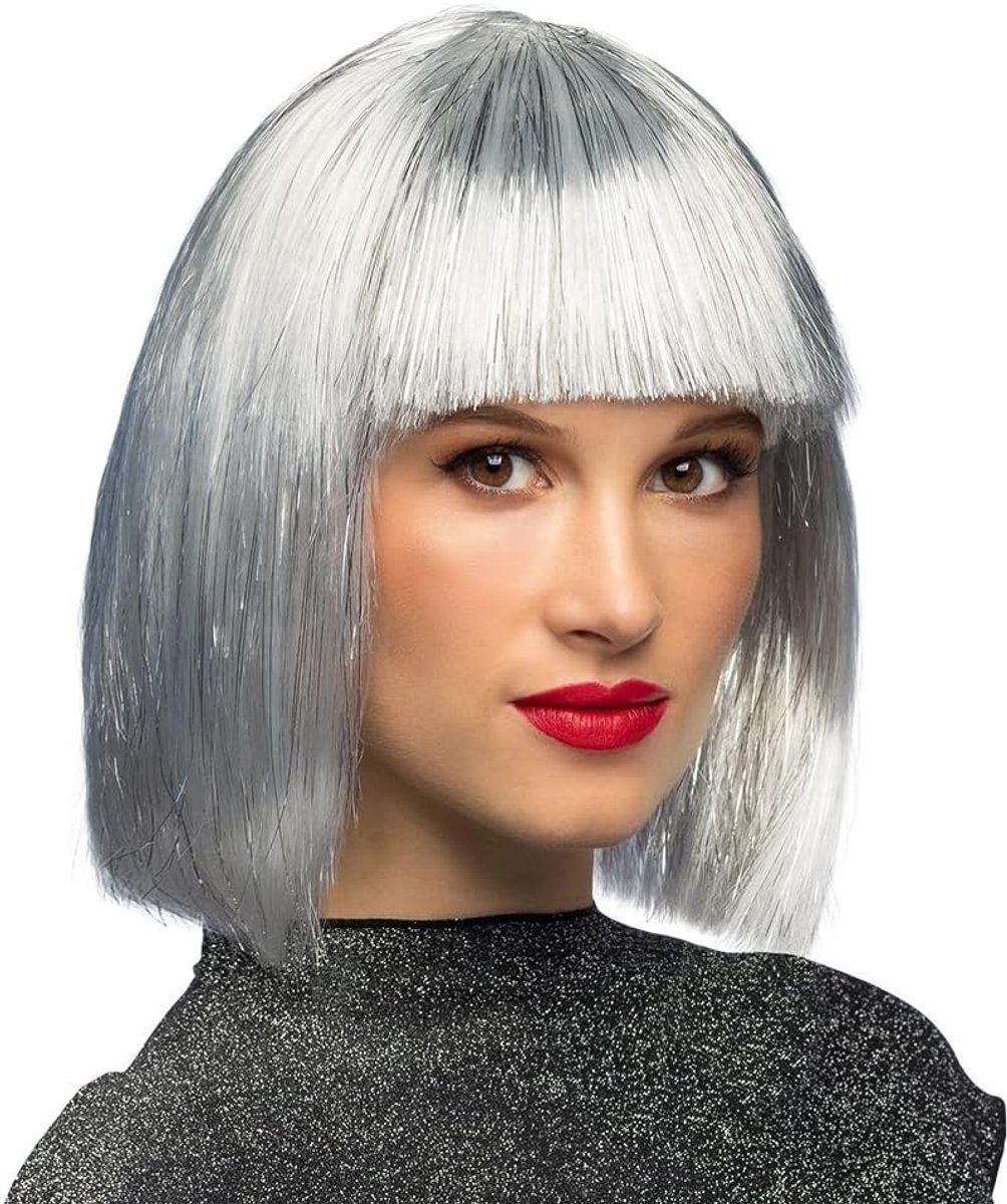 - 86165 - Volwassenenpruik Gigi Glamour, met klatergoud, wit-zilver, bob kapsel, synthetisch haar, hoofddeksel, carnaval, themafeest
