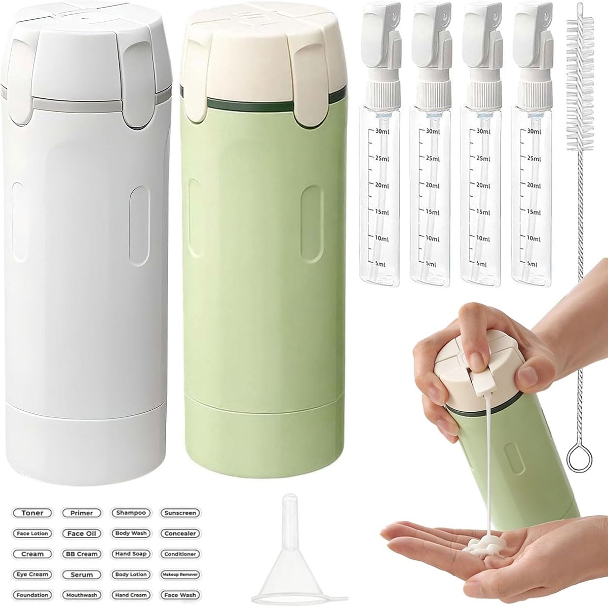 4-in-1 Reisespender, 4 Pack 30ML Reiseflaschen voor toiletartikelen, Lekvrije reiscontainers, Draagbare containers voor shampoo, lotion, conditioner en crème (Wit+Groen)