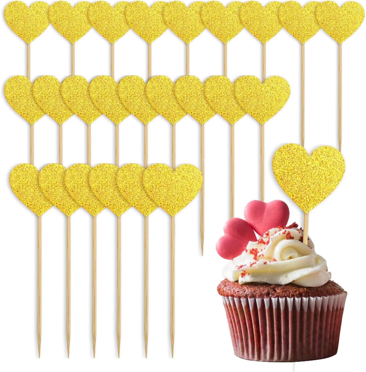 Cupcake-decoraties in hartvorm, 24 stuks, cupcake-toppers, hartvorm, glitter, taarttoppers, glitter, liefdeshart, decoraties met taart voor Valentijnsdag, bruiloft (goud)
