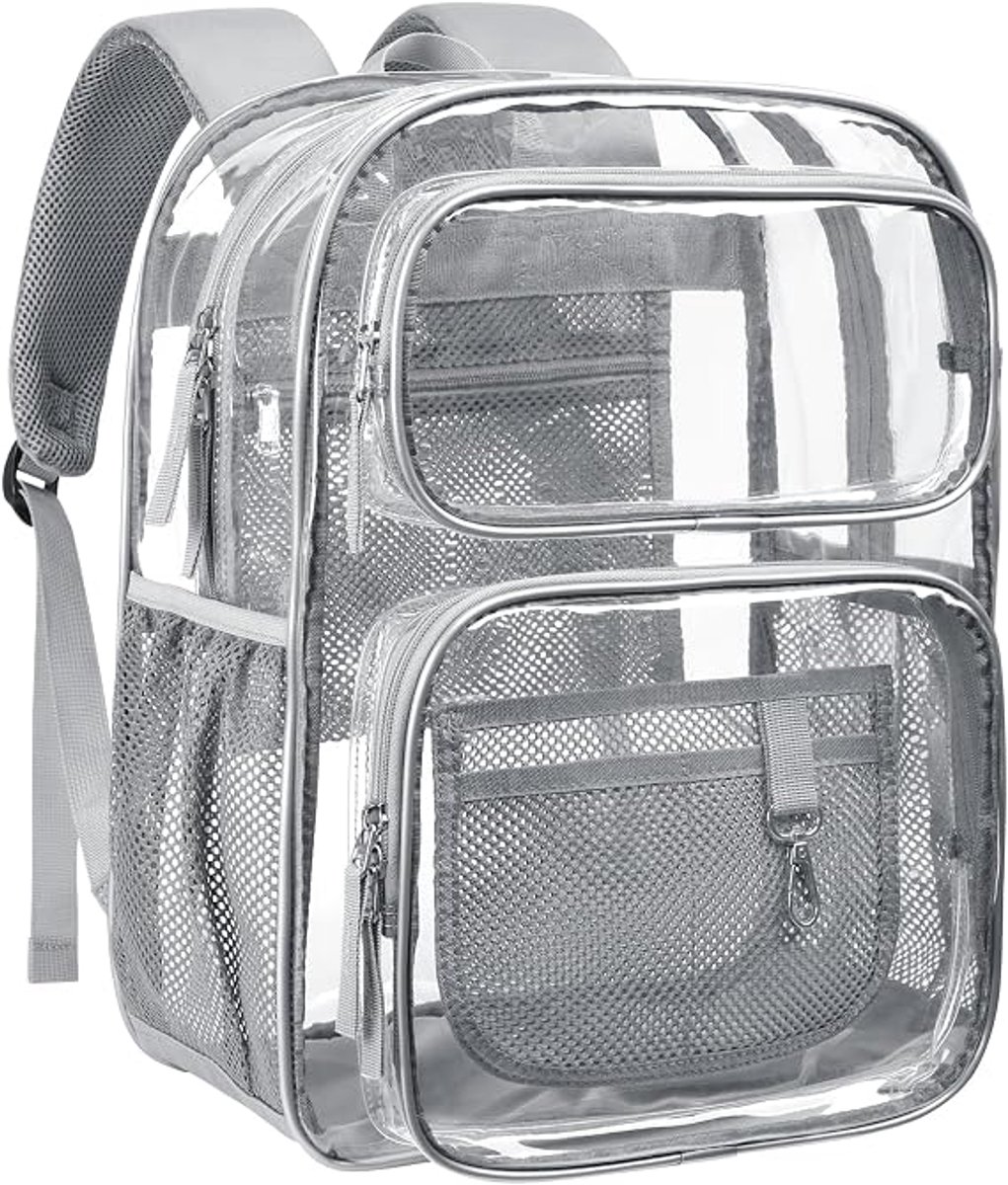 Doorzichtige Rugzak - Zware 17 Inch Transparante Schooltas - Met 2 Voorvakken en Versterkte Oxford Bodem - Gevoerde Schouderbanden voor Comfort - 0.5 mm Dik PVC - Geschikt voor School en Dagelijks Gebruik - Transparant - Grijs - 1 Stuk
