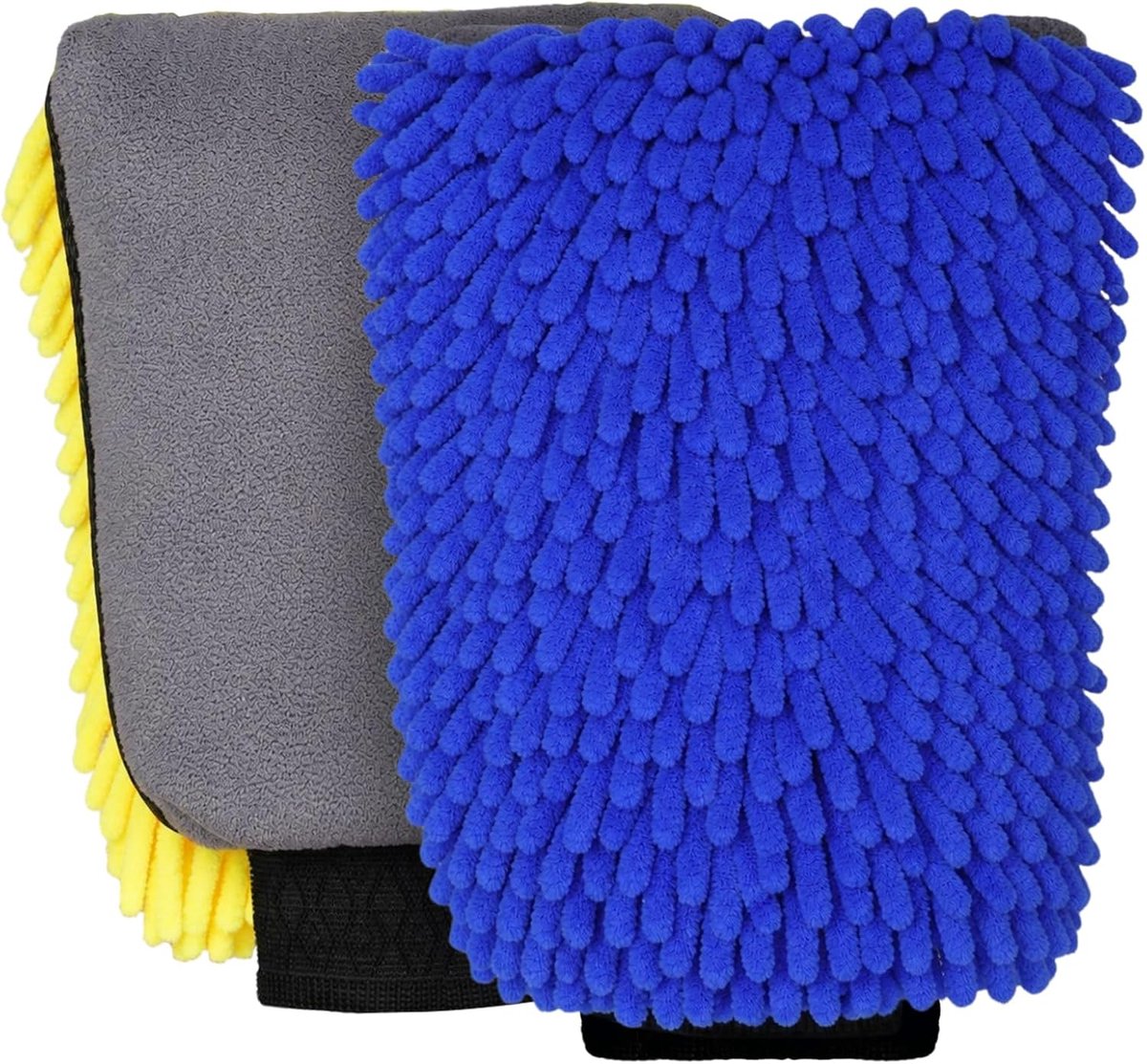 Set van 2 autowashandschoenen, chenille, dubbelzijdig, absorberend en waterdicht, 19 x 26 cm, krasbestendig, voor reiniging van auto/motorfiets, geel + blauw