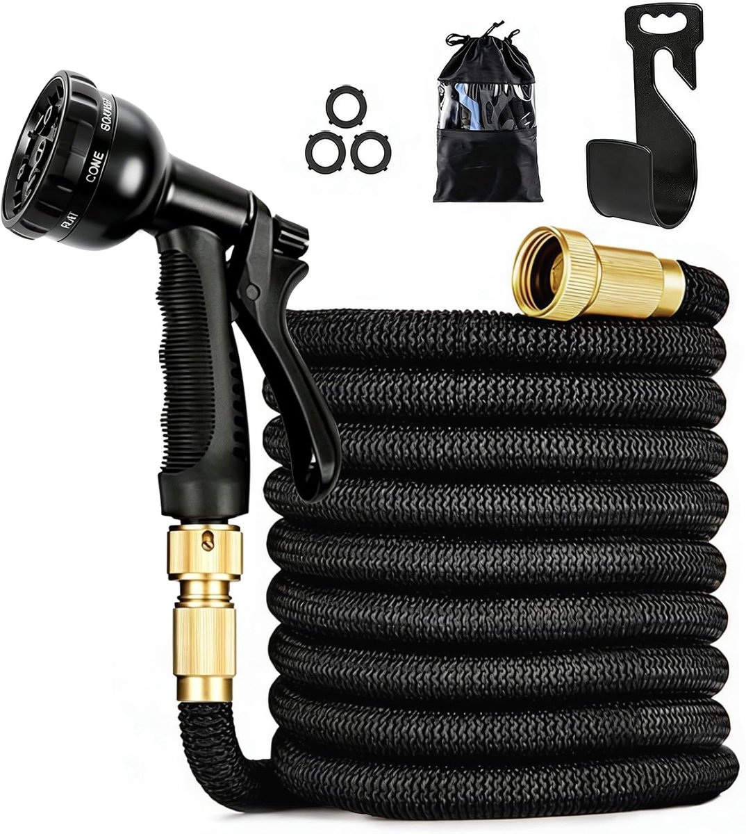 Tuinslang, uittrekbaar, 30 m, met 8 sproeimodi, messing aansluitingen van 1/2 inch en 3/4 inch, flexibele irrigatieslang voor tuinieren, irrigatie en autowassen
