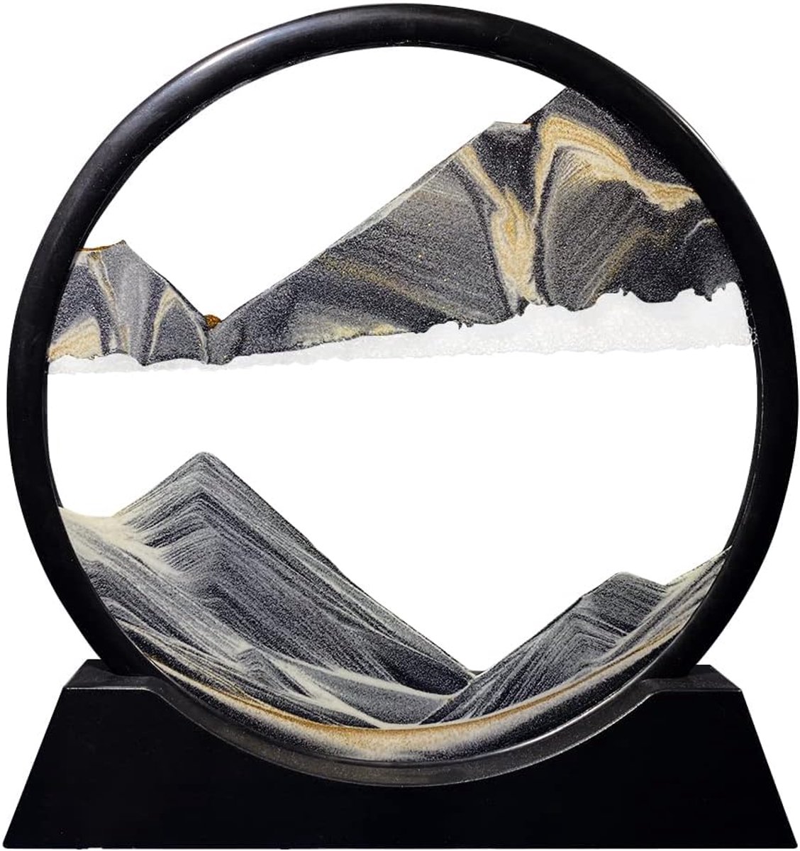 Decoratieve zandloper, 20 cm, zandloper, 3D-kunst, dynamisch, zandschilderij, rond, frame, bewegend zand, decoratie, kantoor, woonkamer, huis (nieuw zwart, 28 cm)