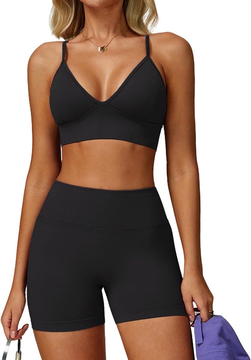 Sportset voor dames Geribbelde gymset Sportoutfit Sportieve yogaset fitnessset Kleding Sportbeha met V-hals en open rug Gecombineerd met een scrunch-short Naadloze sportkleding Tweedelige Set