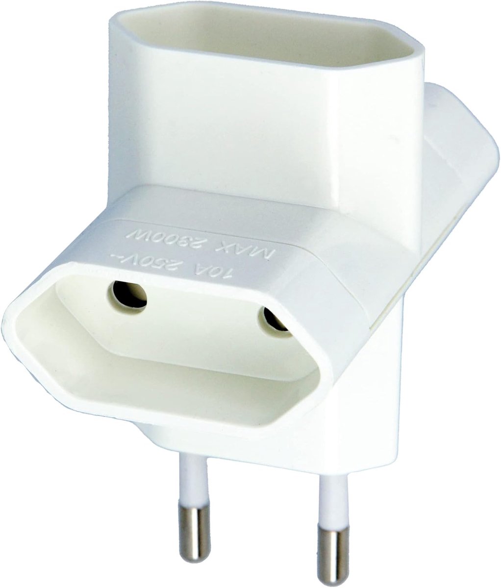 Stopcontacten voor het aansluiten van elektrische apparaten - Horizontale driepolige wandadapter - Wit - Maximale spanning: 250V - Maximale stroomsterkte: 10A
