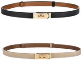 2 stuks Dames Skinny Leren Riemen - Verstelbare 50-120CM - Golden Lock Riem - Jurkriem - Wikkelriem - Geschikt om te combineren met jurken, jeans en jassen - 2,8x120cm - zwart/Khaki