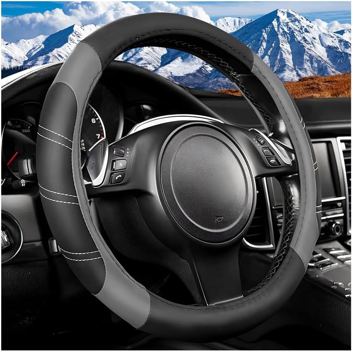 Lederen stuurhoes voor auto, antislip, ademend, autostuurhoes zonder binnenring, decoratief universeel accessoire voor het auto-interieur (grijs)