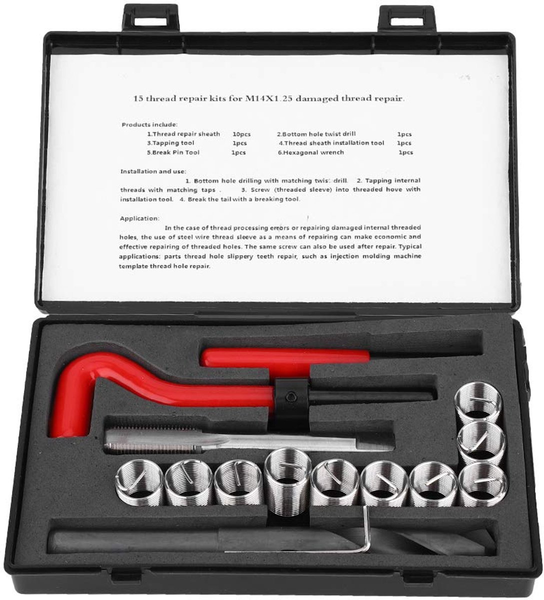 15-delige schroefdraadreparatieset, gedraaide boorsleutel van roestvrij staal, schroefdraadinzet voor auto's, M14 x 1,25, hoge, slijtvaste, duurzame schroefdraadreparatieoplossing voor auto's