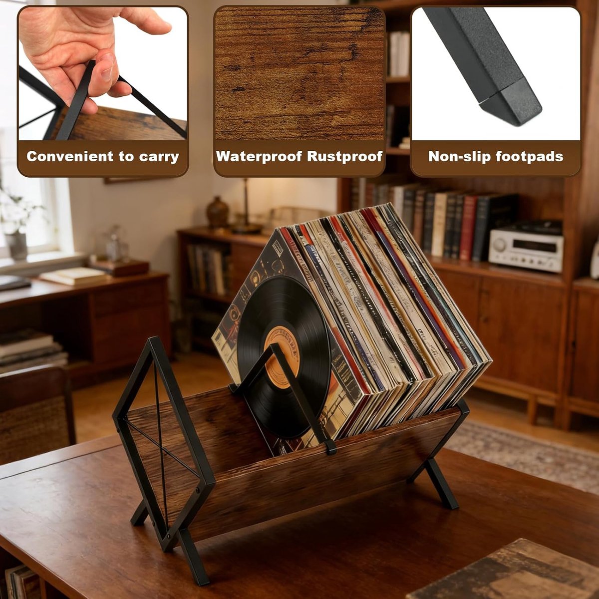 Grammofoonplaatstandaard, vinylplatenhouder en presentatiestandaard, vinylplatenstandaard met verstelbare scheidingswand, eenvoudig te monteren, metaal en hout, organizer voor cd's, albums