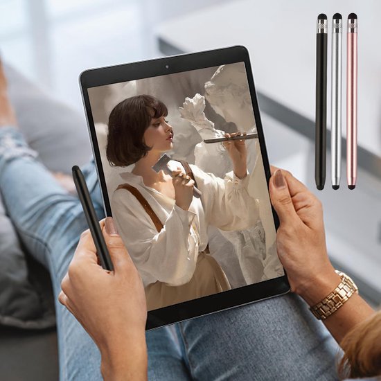 3 dubbele kop touchscreen-pennen, rubberen stift, capacitieve metalen pen, voor tablet en smartphone, zwart, zilver, roze — afbeelding 4