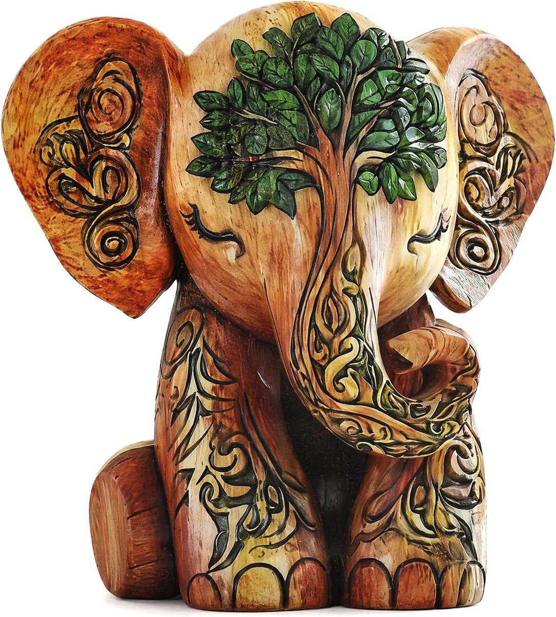 2D olifant decoratie van MDF, 20 x 18 cm, voor kantoor, boekenkast, slaapkamer | Eenzijdig bedrukte olifantendecoratie met levensboommotief, plat, eendelig en geschikt voor plank, tafel of commode