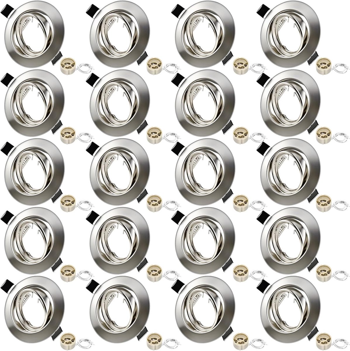 GU10 Set - 20-delig Inbouwframes Mat Nikkel incl. GU10-fitting - Draaibaar 30° - Boorgat Ø68-80mm - Ronde Metaal Frame Voor 50mm LED of Halogeen Lampen, 20 Stuks