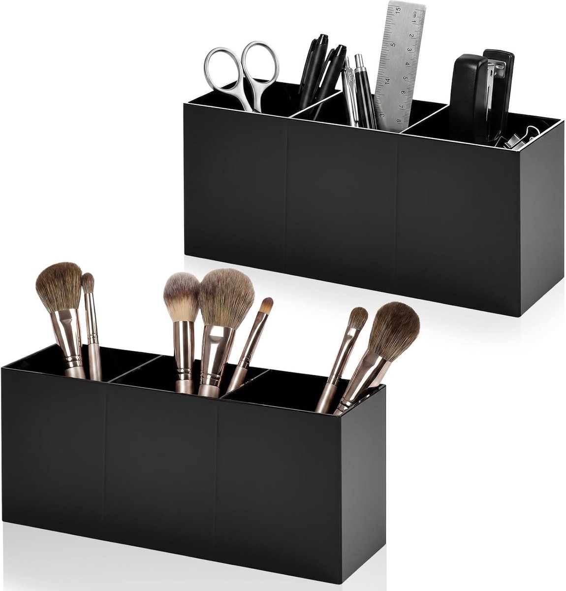 2 stuks cosmetische borstelhouders met 3 vakken, make-upborstelhouder, acryl, cosmetica-organizer, zwart, make-up-kwasten, opslag, kleine cosmetische kwasten, pennenhouder voor eyeliners