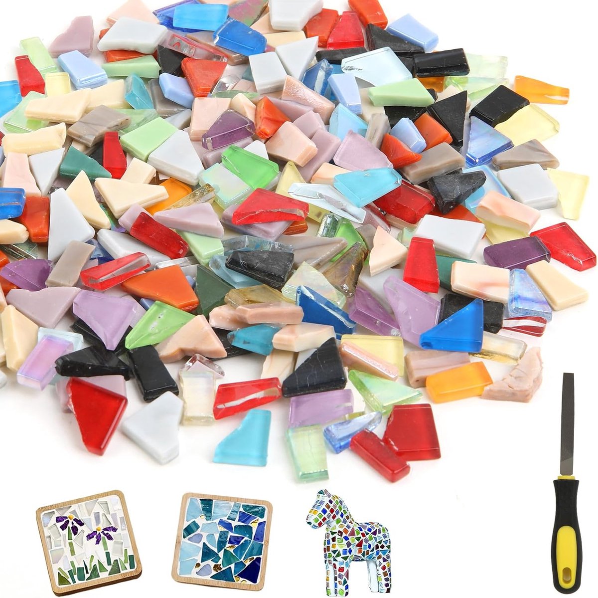 1kg mozaïekstenen om te knutselen, incl. vijl - mozaïektegels onregelmatig 0,5-1,5cm regenboog mix - voor DIY mozaïekdecoratie, bloempotten, kunsthandwerk, wanddecoratie - ca. 960 stuks
