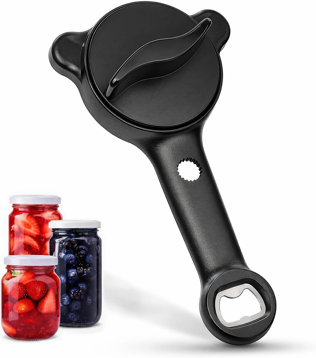 Dekselopener voor schroefpotten, 4-in-1 multifunctionele glasopener, verstelbaar 2,5-9 cm, roestvrij staal, handdraaigereedschap met lange handgreep, flesopener voor senioren, keukenhulp voor