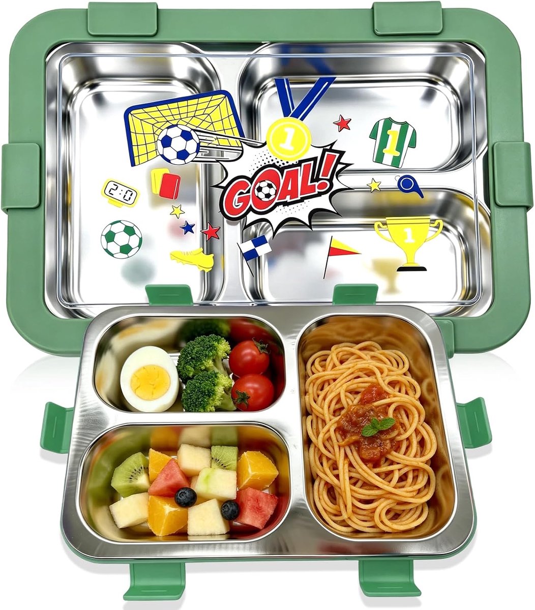 Lunchbox voor Kinderen van Roestvrij Staal met 4 Vakken – Lekvrij Deksel, Breukvast, BPA-vrij – Geschikt voor Magnetron en Vaatwasser – Ideaal voor School en Kantoor (Voetbal)