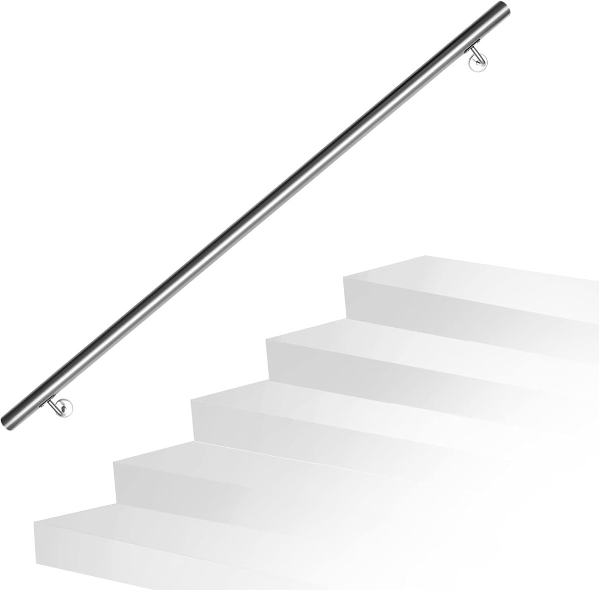 Roestvrij stalen leuning, trapleuning, wandleuning, wandleuning met wandhouder en eindkappen, voor binnen en buiten, voor trappen, balustrade, balkon, lengte: 150 cm