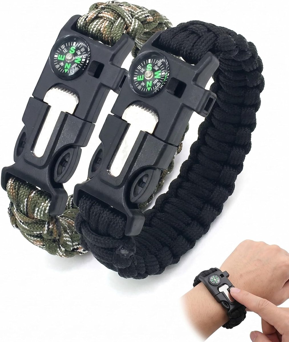 2-delig, paracord-survivalset met kompas, noodfluitje en flesopener, quick release gesp, zwart + camouflage, klaar voor trekking