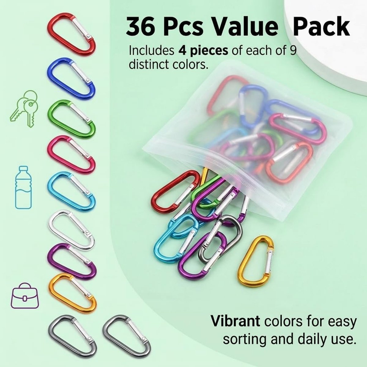 Karabijnhaken, klein, 36 stuks, karabijnhaak, sleutelhanger, kleurrijk, aluminium klikhaakset voor camping, wandelen, reizen, rugzak, D-vormige karabijnhaak, mini-sleutelringen, clip, 9 kleuren