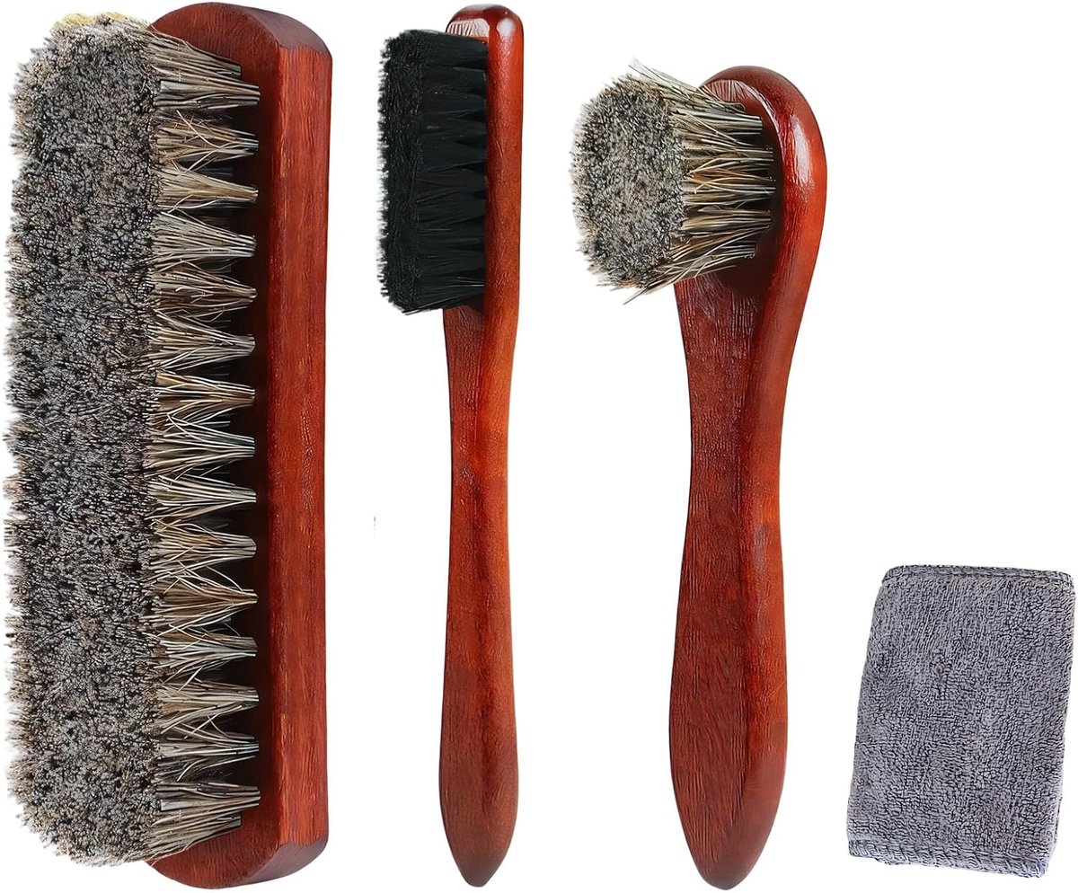 Schoenborstel- schoenborstelset, paardenhaar, elegant, hoogwaardige 4-delige schoenpoetsset, met borstel en microvezeldoek voor schoenverzorging, leer, suède, schoenen, laarzen, tassen en