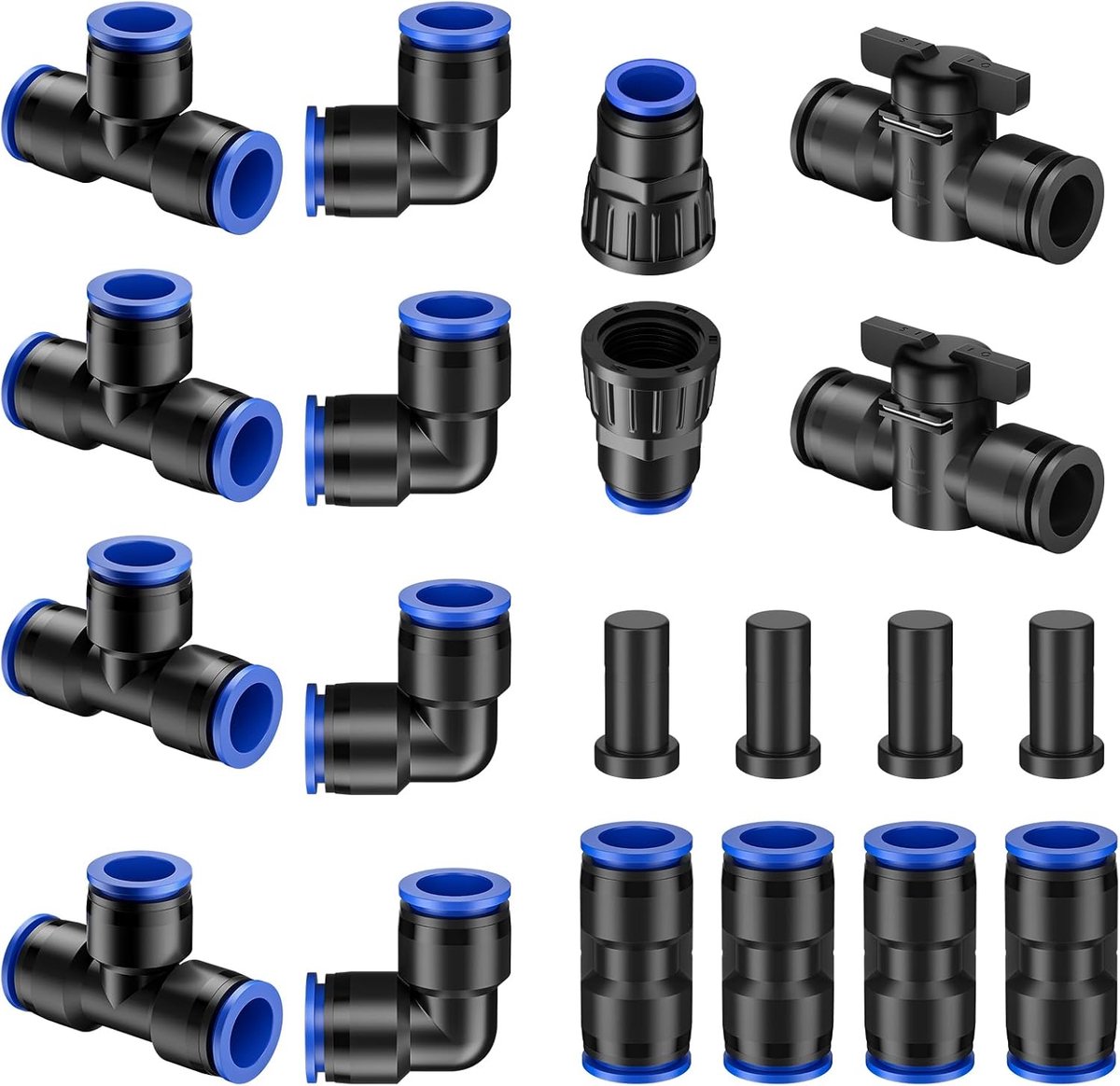 20-delige connectorset voor 12,7 mm slang (15,2-16,2 mm OD), druppelleidingsset met T-stukken, koppelingen, hoeken, eindstops, afsluitventielen en kraanadapters