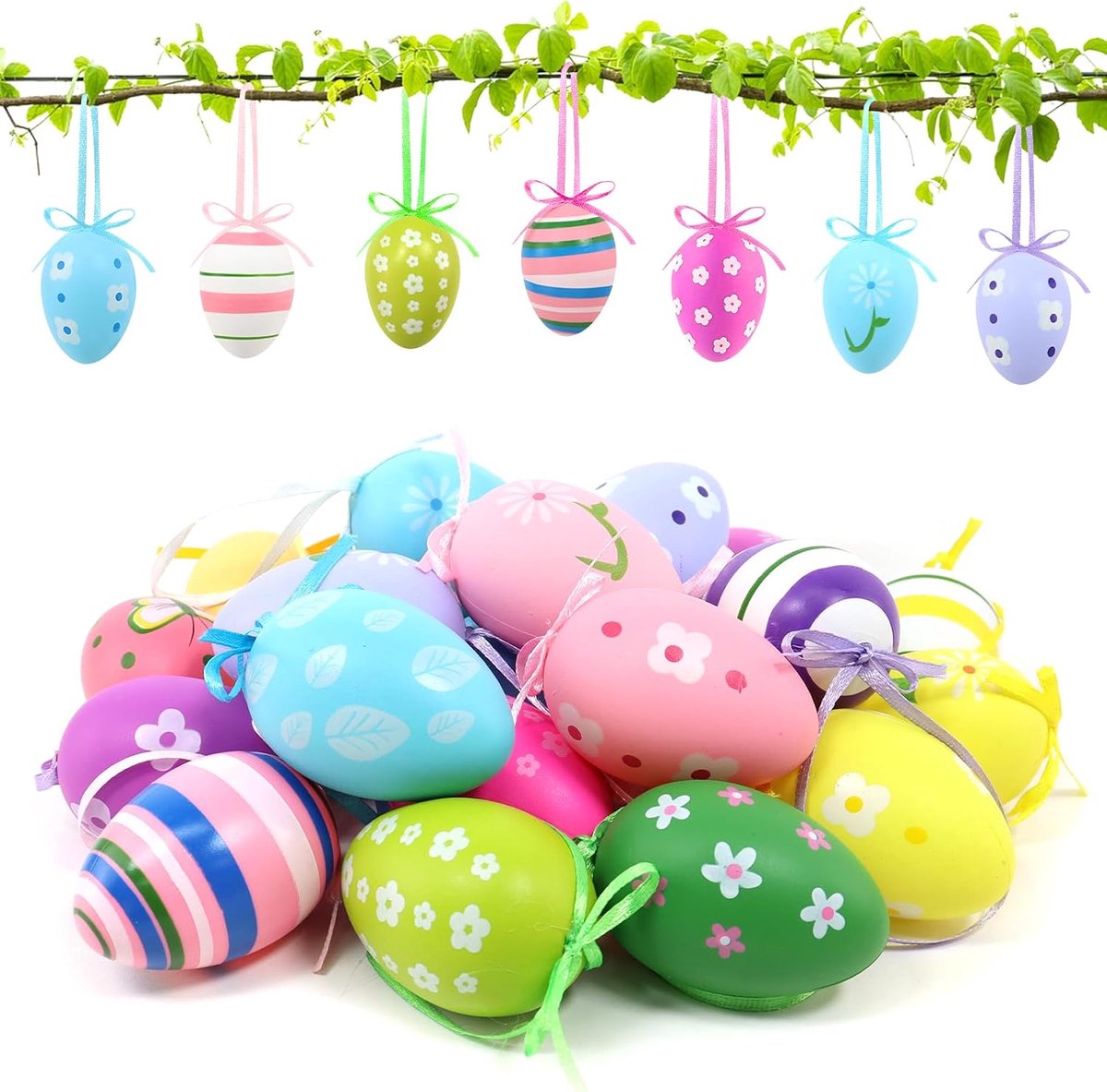 24 stuks paaseieren om op te hangen, outdoor, 6 cm, kleurrijke decoratieve plastic eieren voor buiten en binnen, met koord, decoratie voor paaseieren, lentedecoratie voor paasboommanden, boom