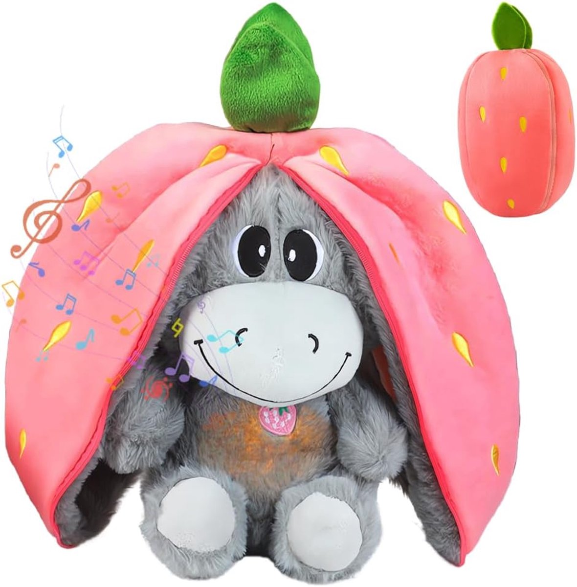 knuffeldier, ezel-knuffeldier met adembeweging en muziek, zachte slapende pluche ezel met warm licht, sluimerknuffeldier voor pasgeborenen en jonge moeders (aardbeien)