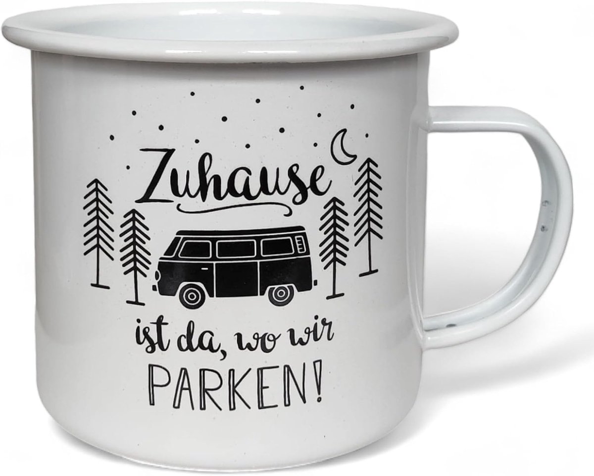 Emaille beker met print - 450 ml camping koffiemok, licht, robuust, handvat beker van email, ideaal als drinkbeker (thuis is daar waar we parkeren)