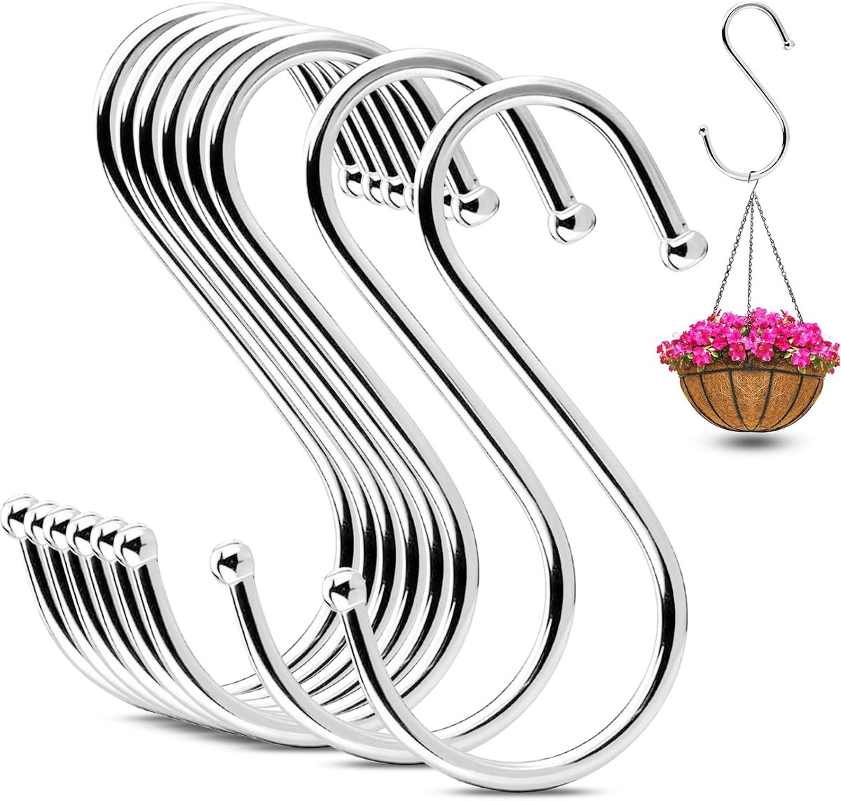 S-haken, S-haken, roestvrij staal, 12 cm, robuuste dubbele haken, anti-vallen, ophanghaken, voor hangende potten en pannen, koffiekopjes, kleding, planten (zilver)
