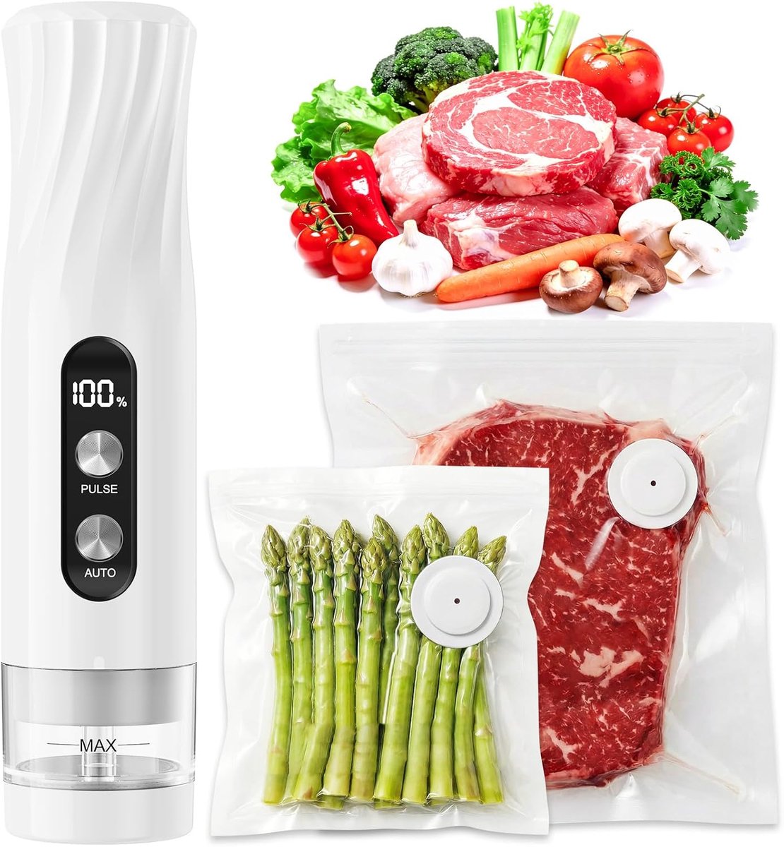 Draadloos draagbaar vacuümapparaat met 20 herbruikbare vacuümzakken, 60 kPa sterke vacuümapparaat, automatische afdichting met één knop en pulsmodus voor batch-koken