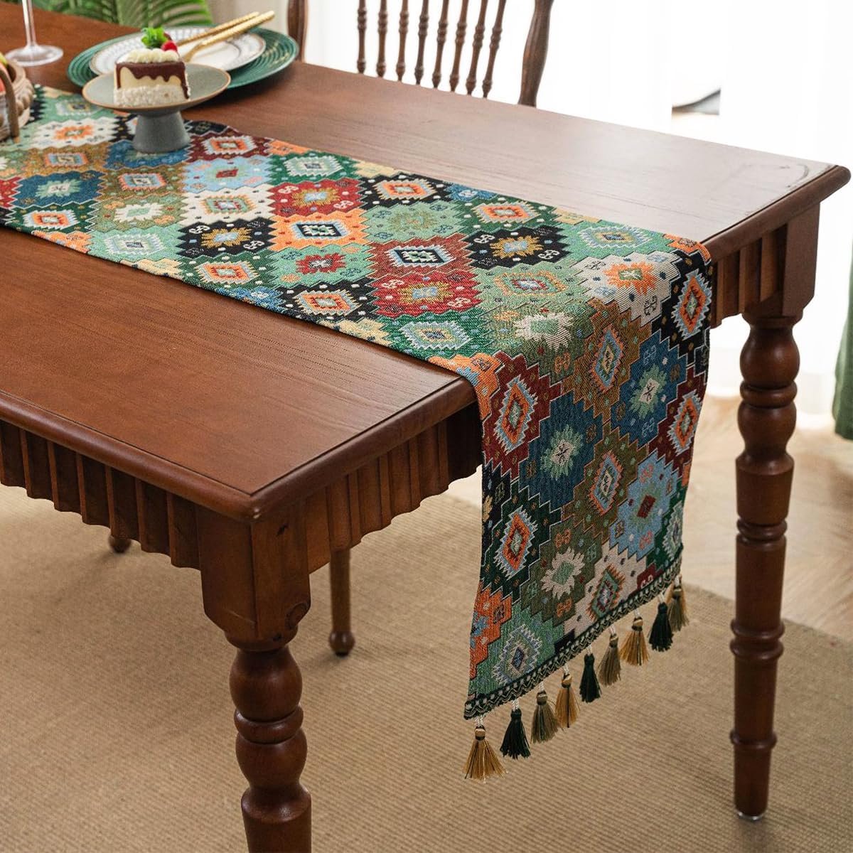 tafelloper, linnen, boho, katoen, tafeldecoratie, ruitpatroon, etno, bohemian, jacquard, groen, tafelloper met kwastjes, tafelkleed voor eettafel, buiten, 33 x 200 cm